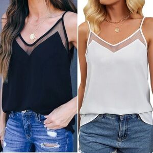 Set of 2 Black and White Mesh Detail V-neck Camisoles Large